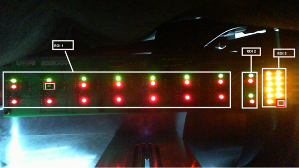 Figure 3: Two LEDs are not operated in purpose for this demo and are marked with white and red rectangles. The non-working LEDs are from column 2, row 2 and column 10, row 7