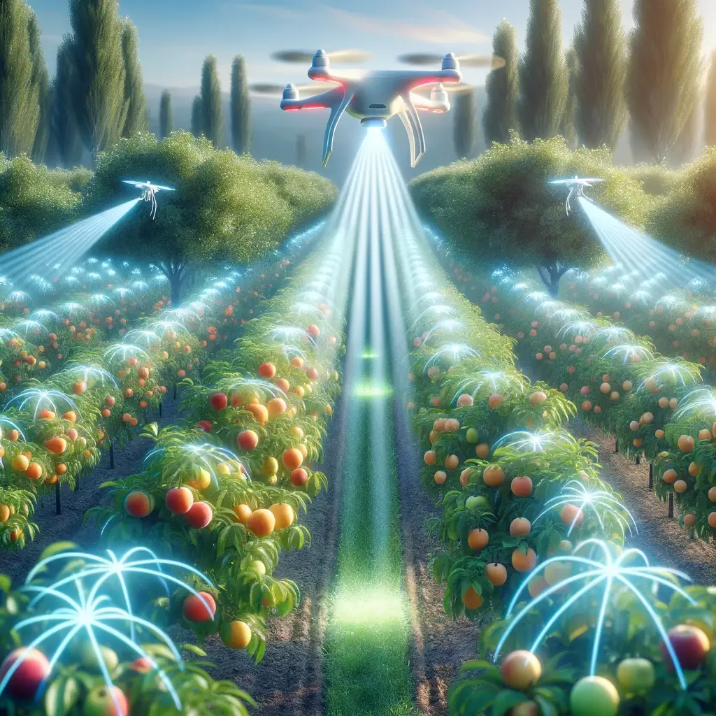 A futuristic farm scene with drones equipped with advanced photonic sensors flying over an orchard, using light-based technology to detect the ripeness