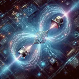 A conceptual illustration showing quantum entanglement used in quantum sensing. Visualize two distant quantum sensors connected by a shimmering