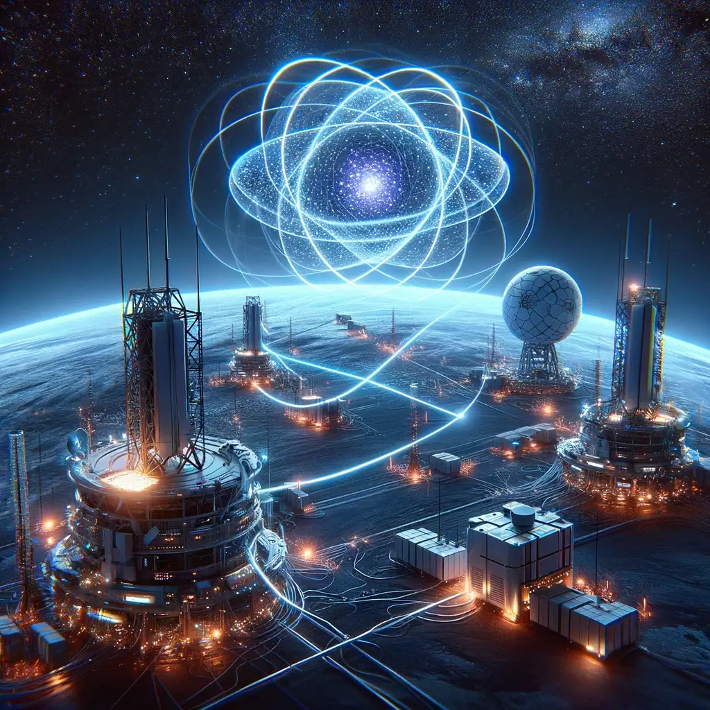 A futuristic visualization showcasing the application of quantum entanglement in secure communication. The scene depicts two distant stations on Earth