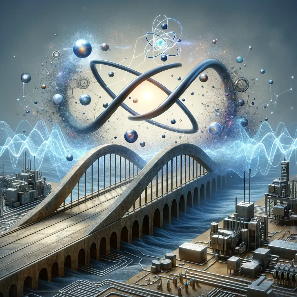 A conceptual image depicting a bridge connecting the abstract world of quantum physics with practical, real-world applications
