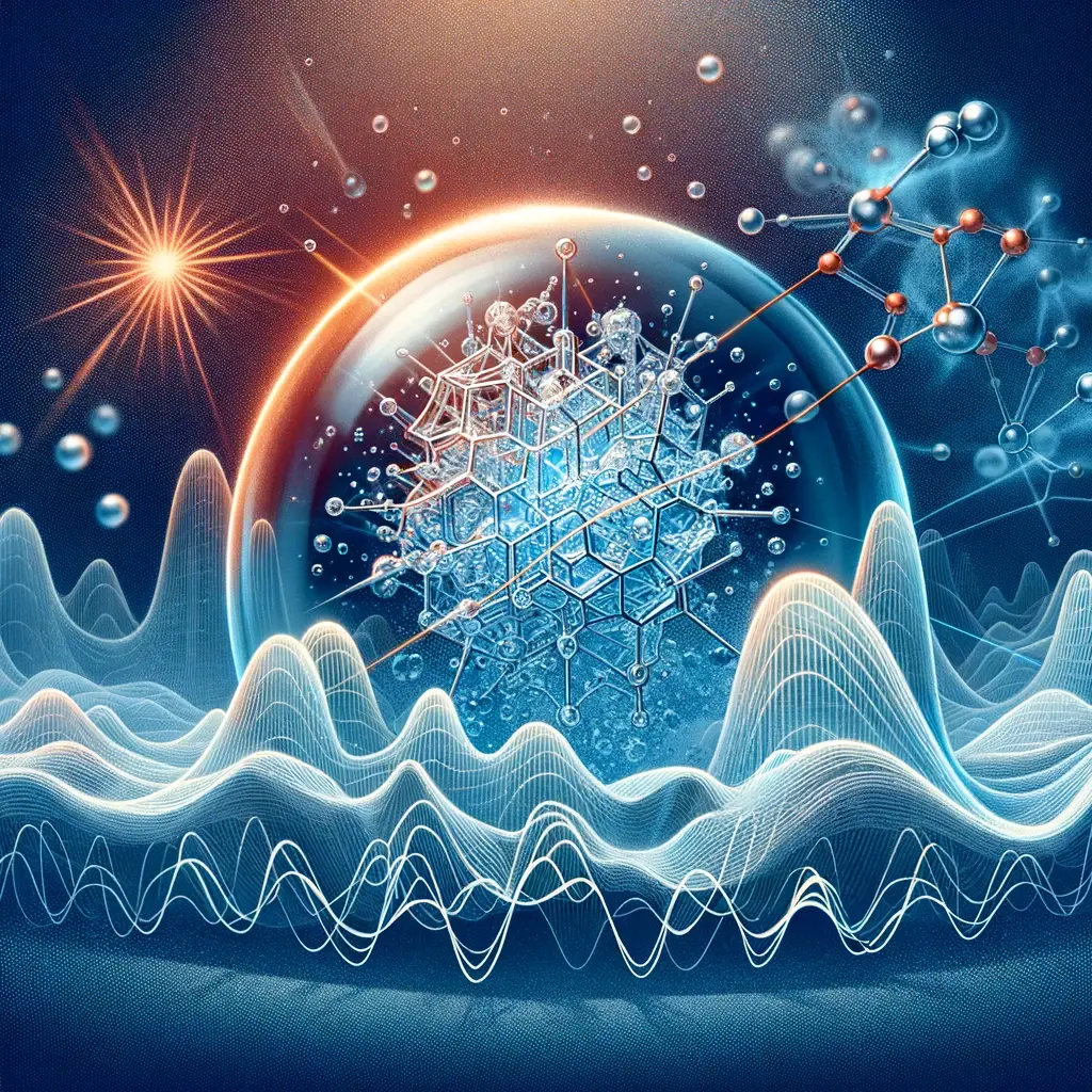 An illustration depicting a fragile quantum state, represented by a delicate crystal or bubble, being disturbed by environmental factors such as heat