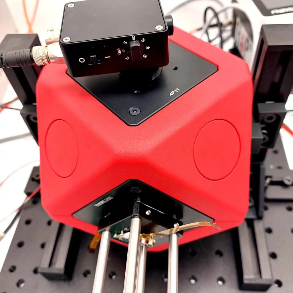 High-precision integrating sphere setup featuring a photodiode on top, enabling detailed measurements of LED power, spectrum, and temporal pulse shape for optimal performance analysis